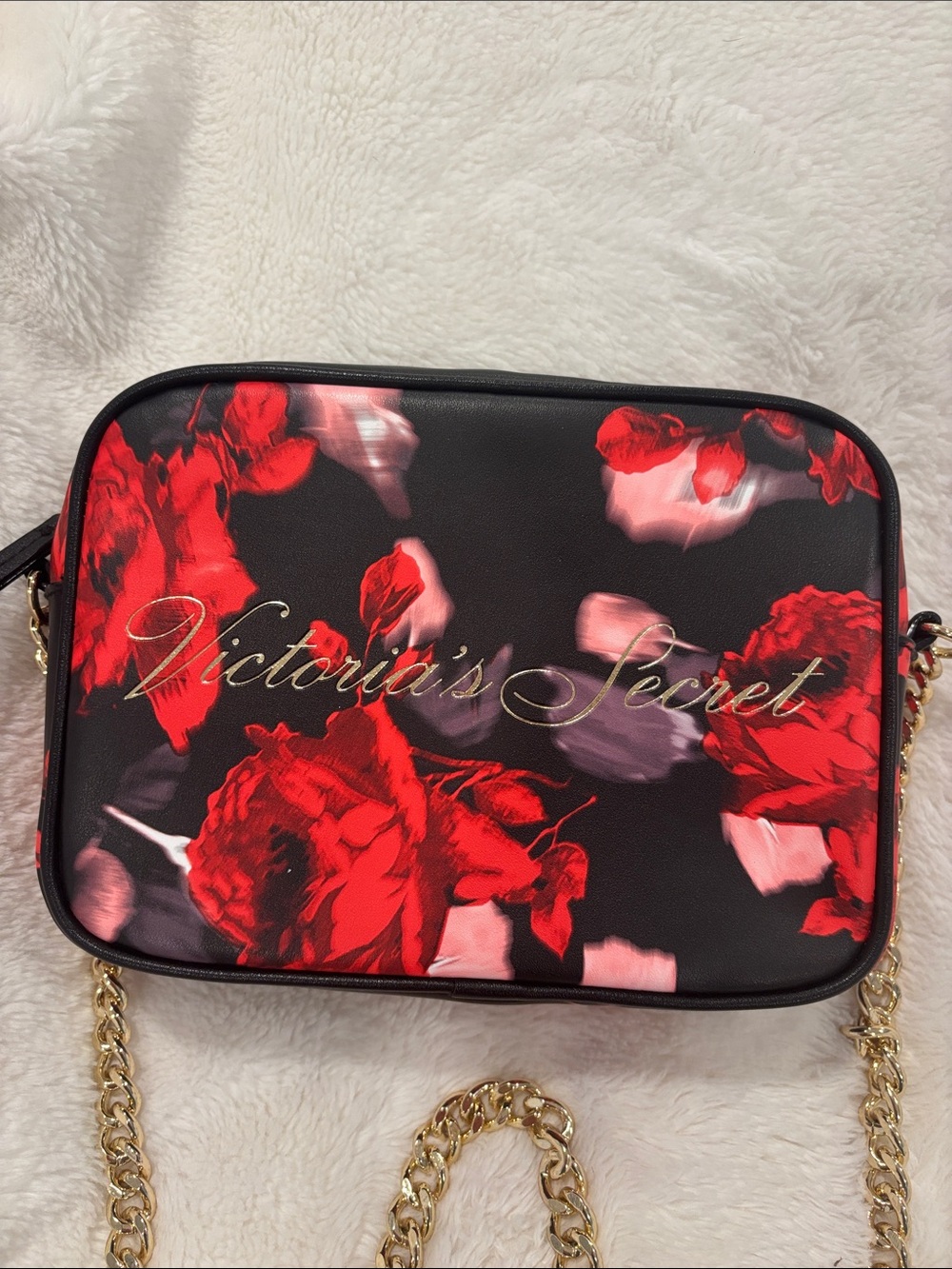 Victoria's Secret Black Crossbody Bag with Red Floral Print and Gold Script